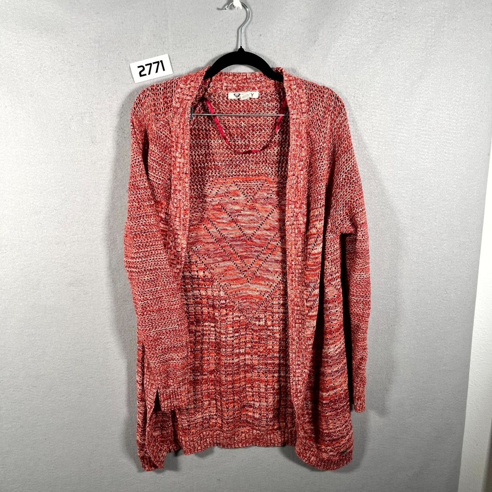 Roxy Cardigan Sweater Womens Medium Pink Orange Crochet Long Sleeve Winter Wear